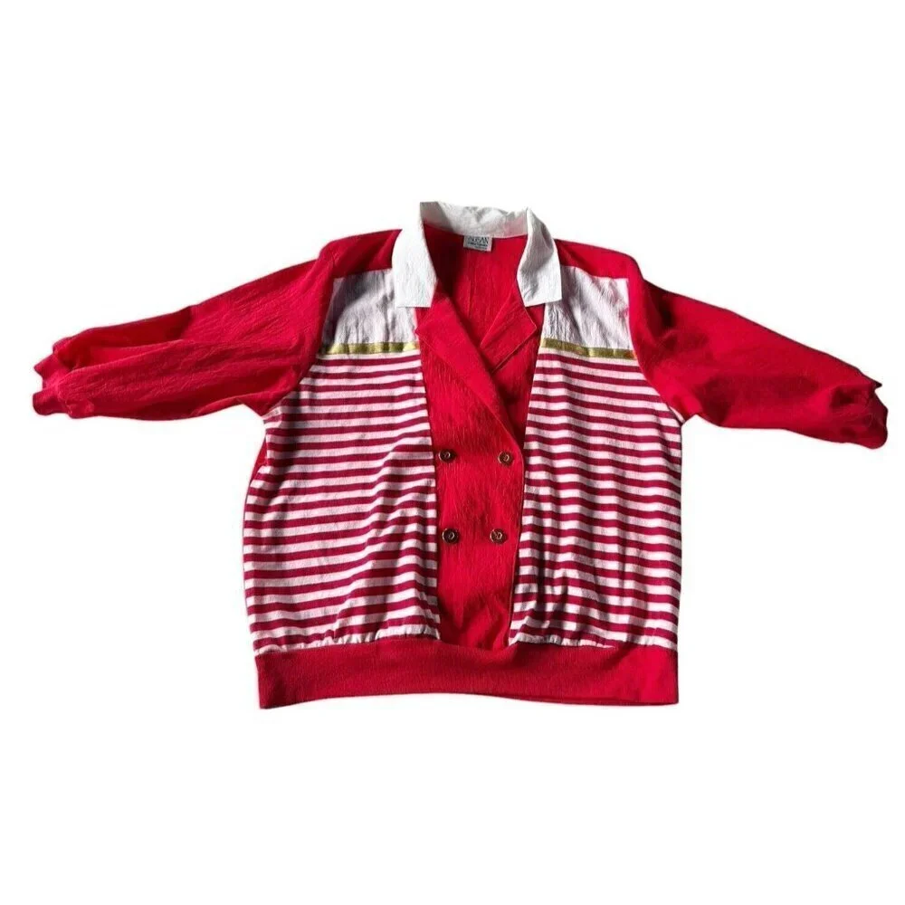 Vtg 80s Susan Christopher Of California Womans Sz Large Red White Striped Blouse